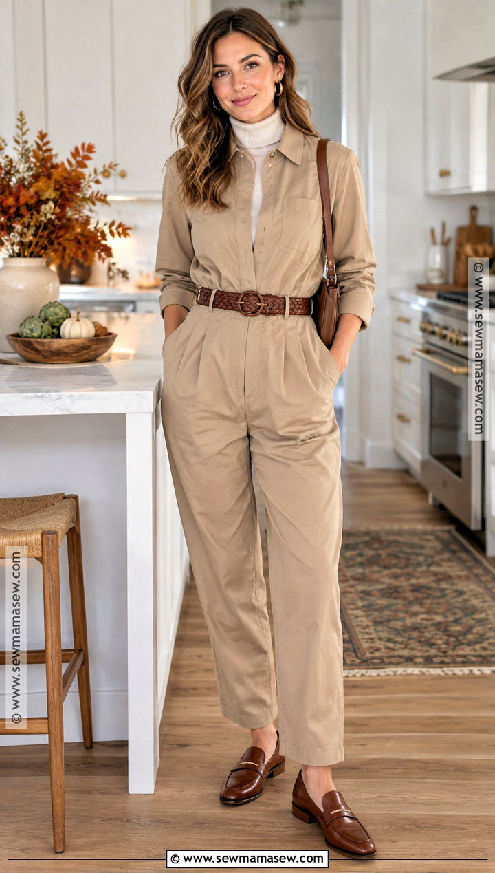Beige Jumpsuit And Brown Loafers Thanksgiving Outfit - 15 beige thanksgiving outfit ideas