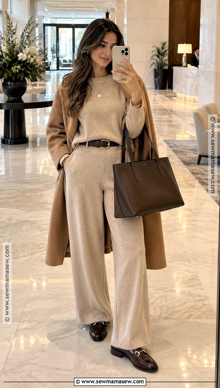 Beige Knit Set With Brown Accessories - 15 brown and beige autumn style ideas