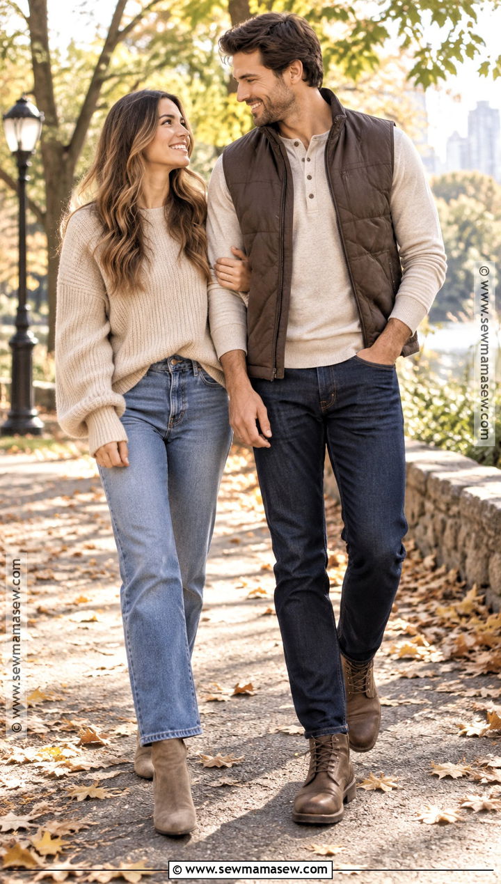 Beige Knit Sweater And Blue Jeans Fall Couples Photoshoot Outfit - 20 Fall Couples Photoshoot Outfits Neutral