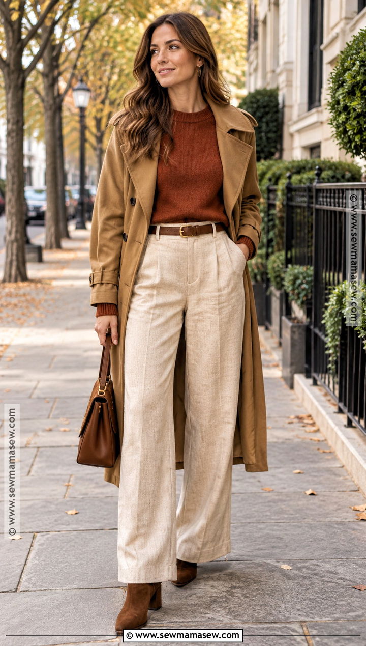 Beige Linen Pants With A Rust Sweater - 15 autumn outfits linen pants