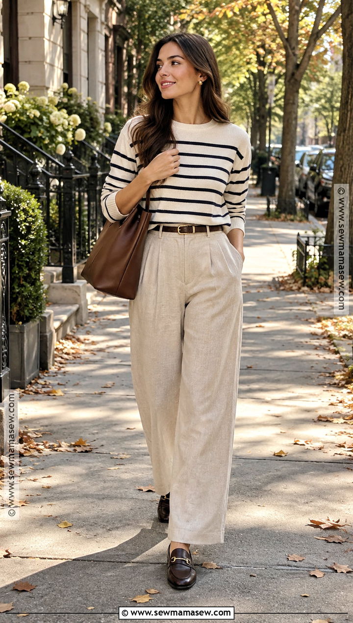 Beige Linen Pants With A Striped Sweater - 25 linen pants fall outfit