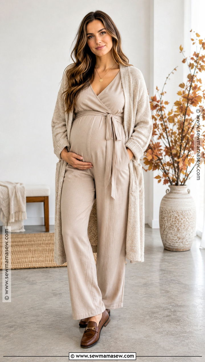 Beige Maternity Jumpsuit With Long Cardigan - 20 Fall Maternity Photoshoot Outfits