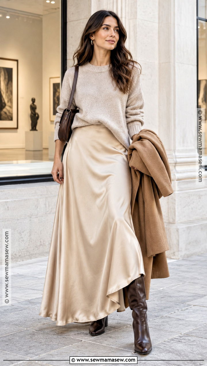 Beige Maxi Skirt With Chunky Knit - 15 autumn beige outfit style ideas