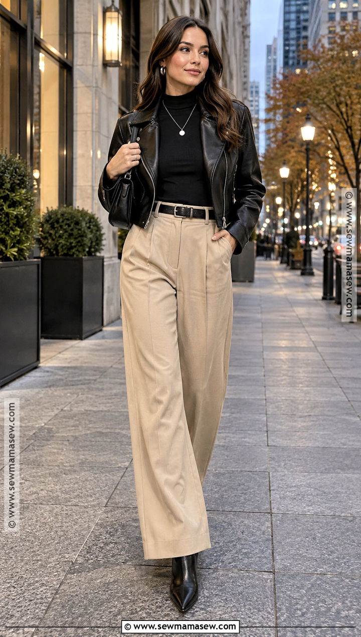 Beige Pants With Black Leather Jacket And Boots - 20 beige pants outfit fall