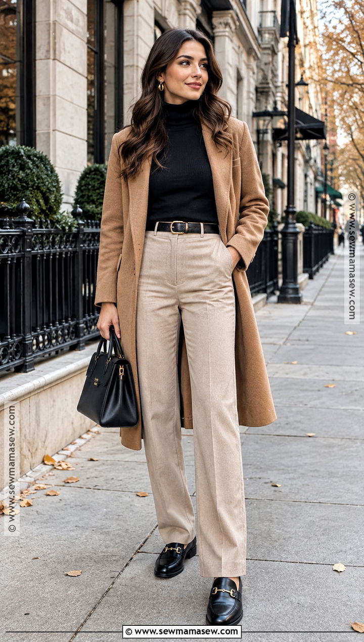 Beige Pants With Black Turtleneck And Loafers - 20 fall outfits beige pants