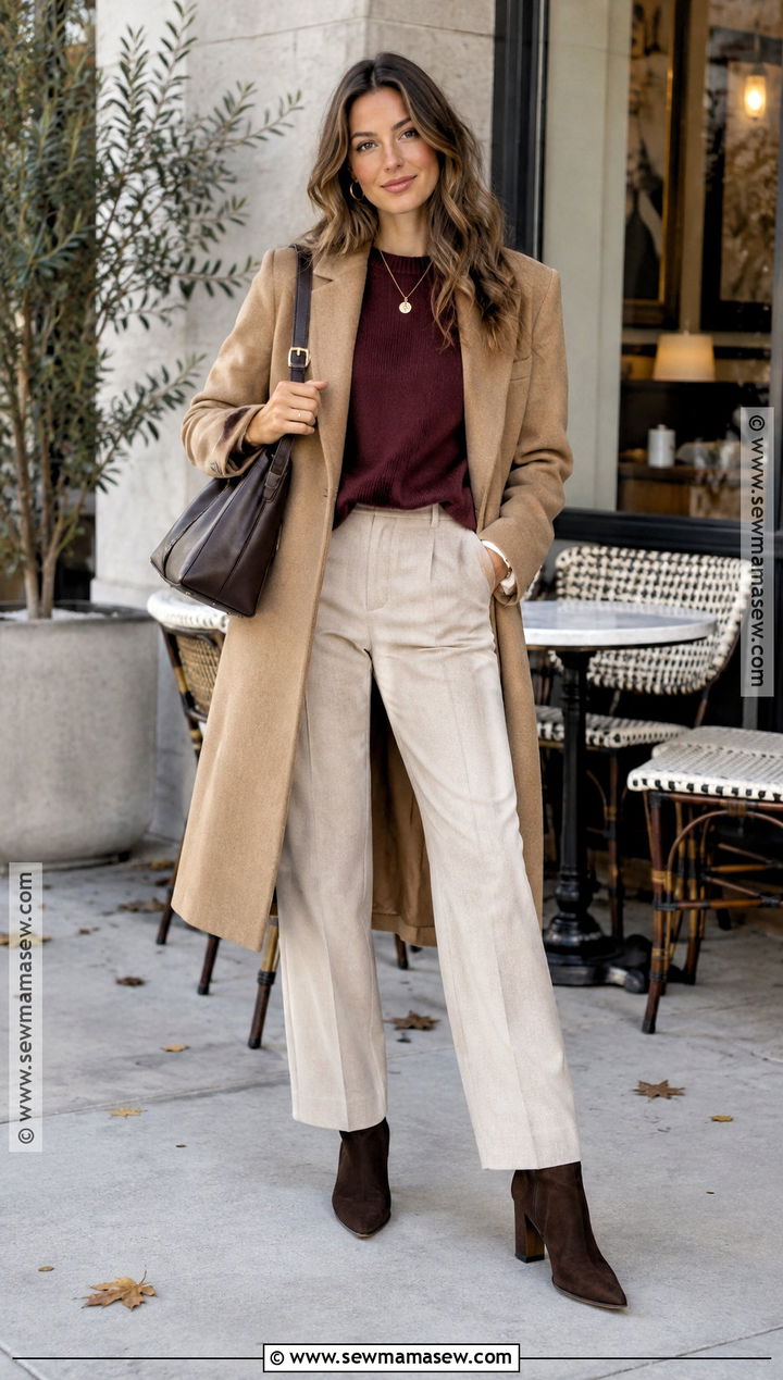 Beige Pants With Burgundy Sweater And Ankle Boots - 20 fall outfits beige pants