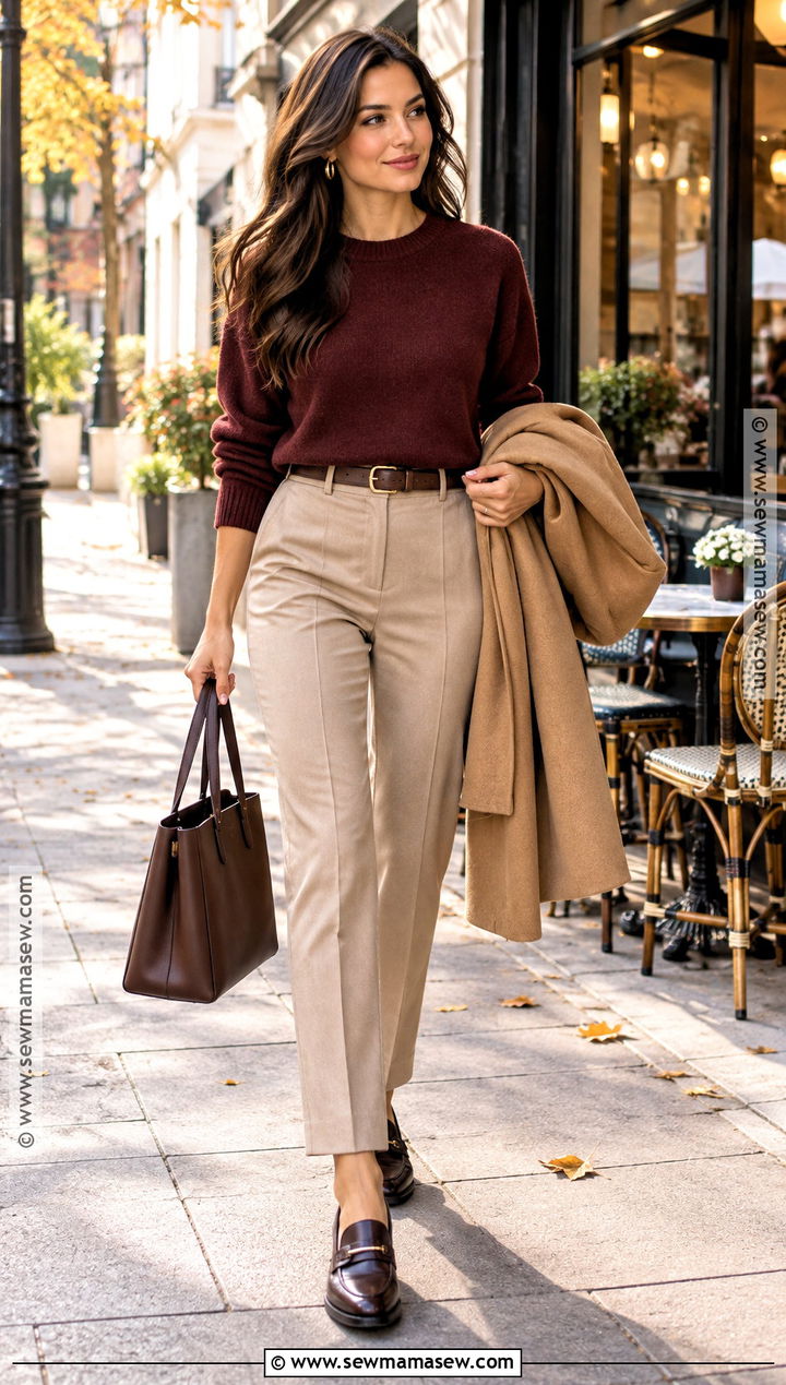 Beige Pants With Burgundy Sweater And Brown Loafers - 20 beige pants outfit autumn