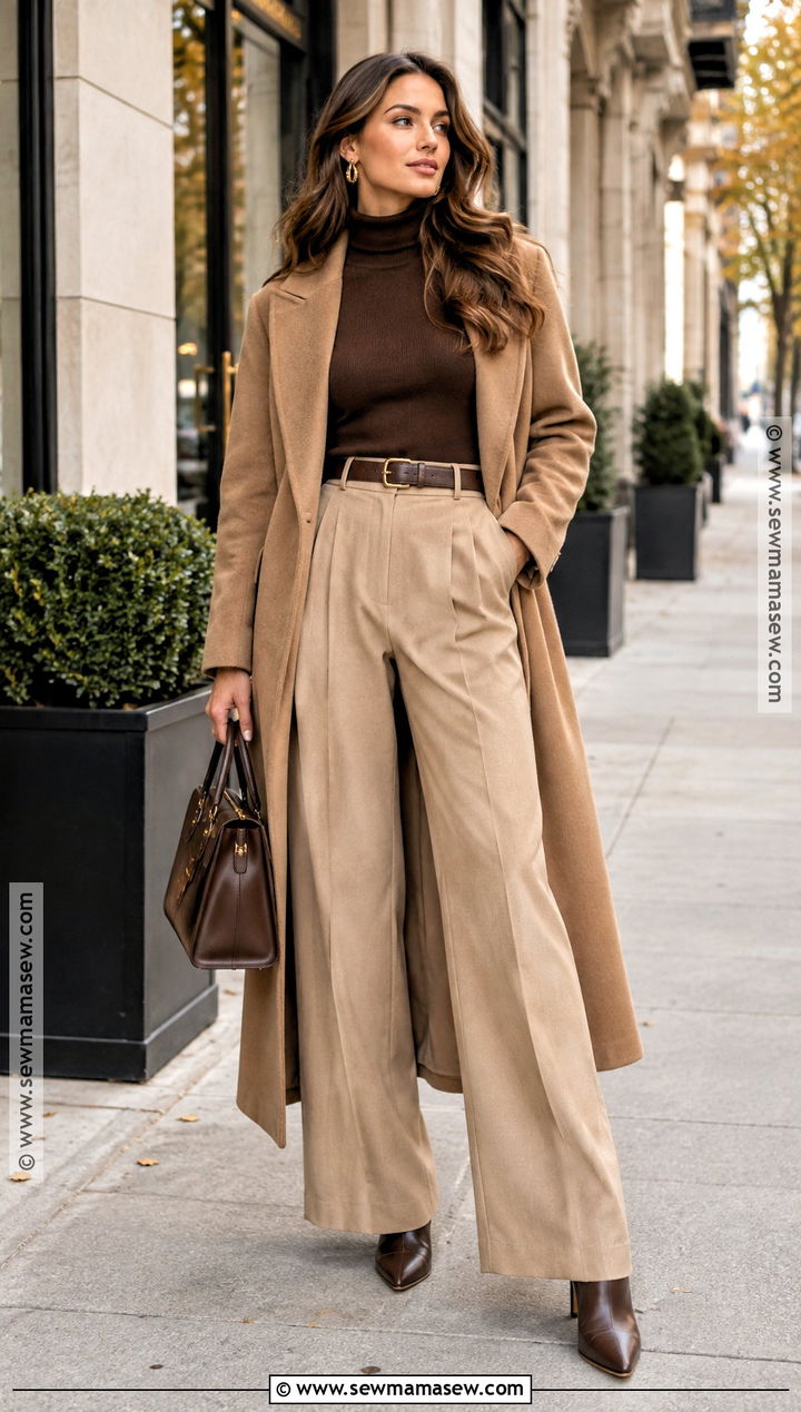Beige Pants With Camel Coat And Brown Turtleneck - 20 fall outfits beige pants