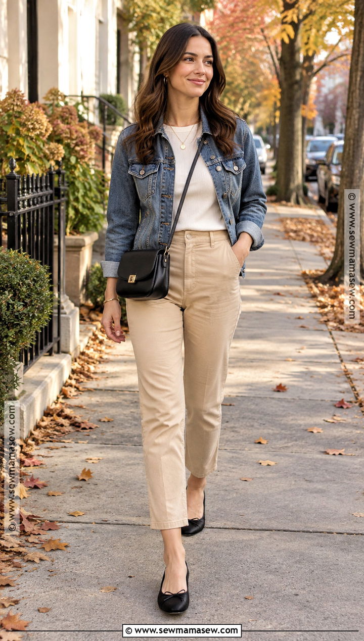 Beige Pants With Denim Jacket And Ballet Flats - 20 beige pants outfit fall