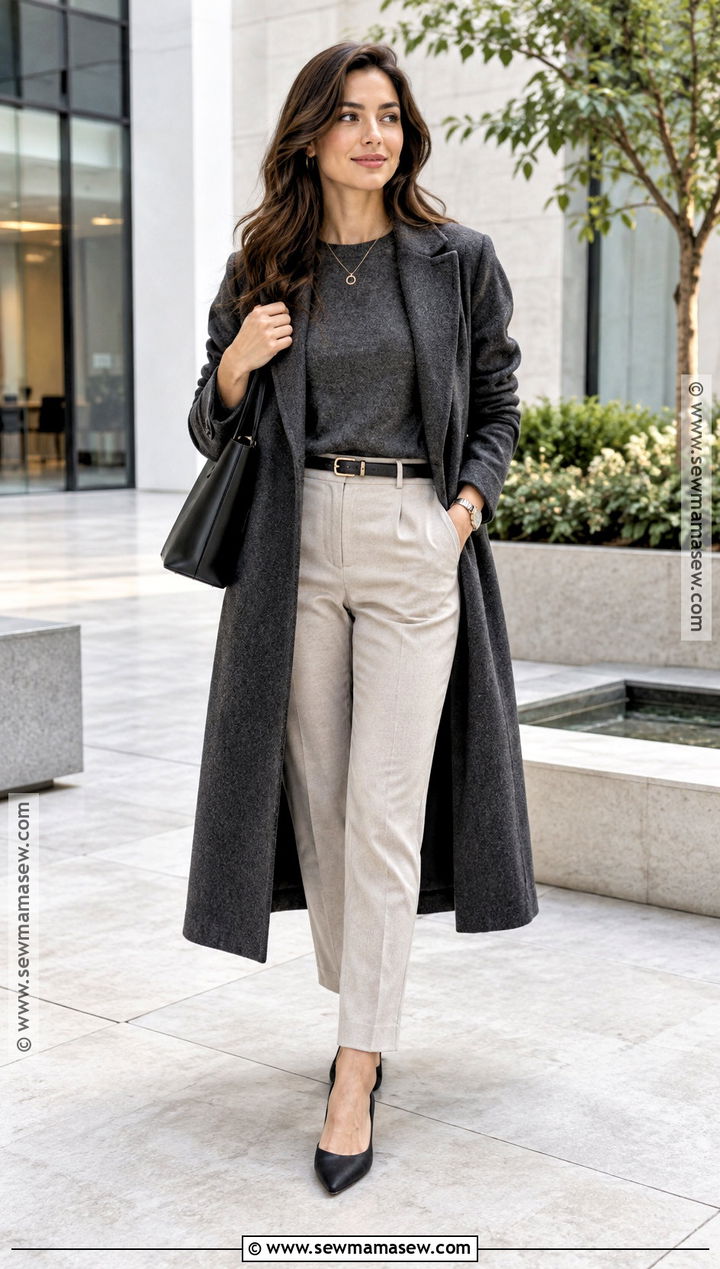 Beige Pants With Gray Sweater And Black Flats - 20 beige pants outfit autumn