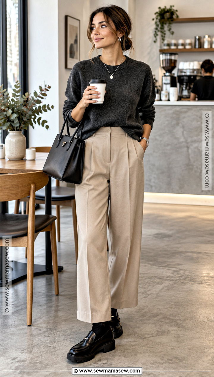Beige Pants With Gray Sweater And Chunky Loafers - 20 beige pants outfit fall