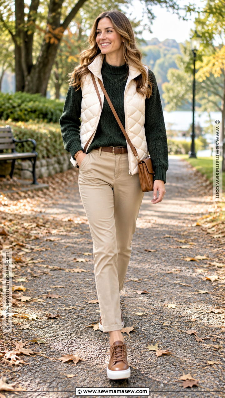 Beige Pants With Green Sweater And Brown Sneakers - 20 fall outfits beige pants