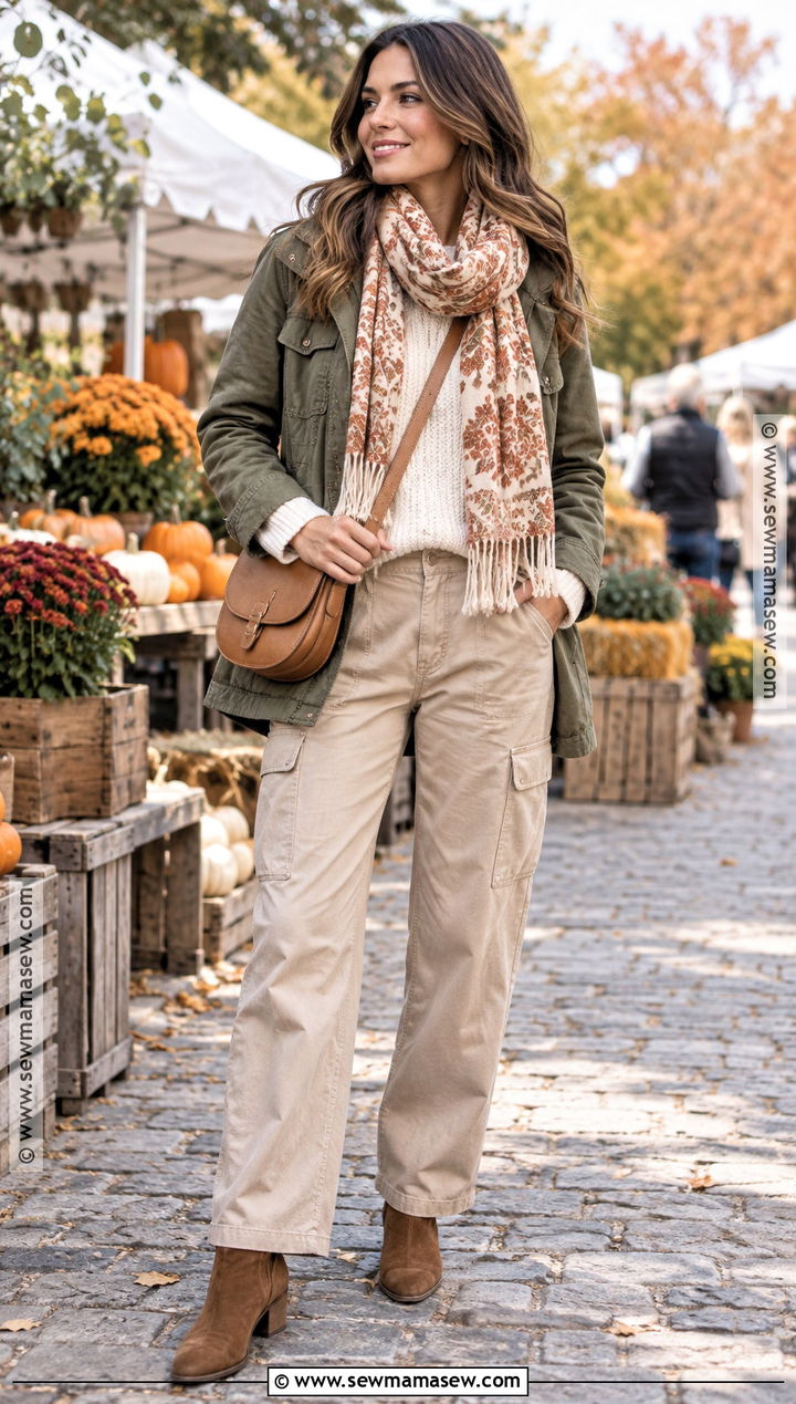 Beige Pants With Olive Jacket And Cream Sweater - 20 beige pants outfit autumn