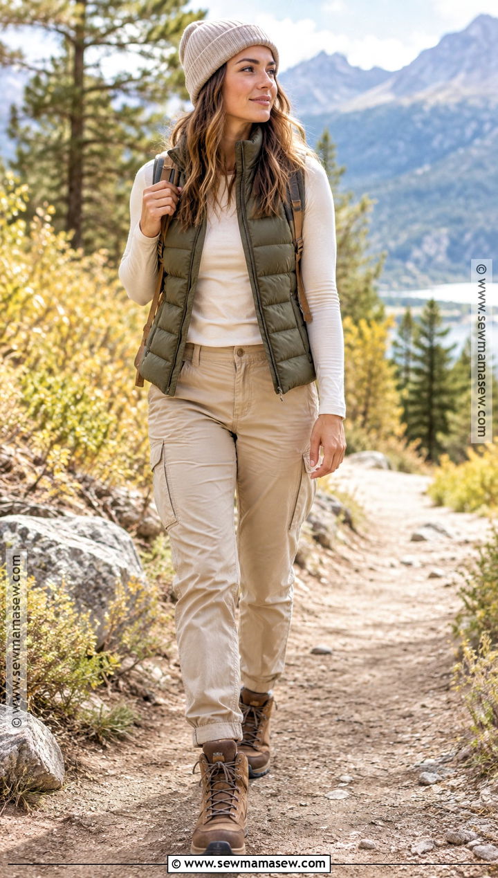 Beige Pants With Puffer Vest And Hiking Boots - 20 fall outfits beige pants