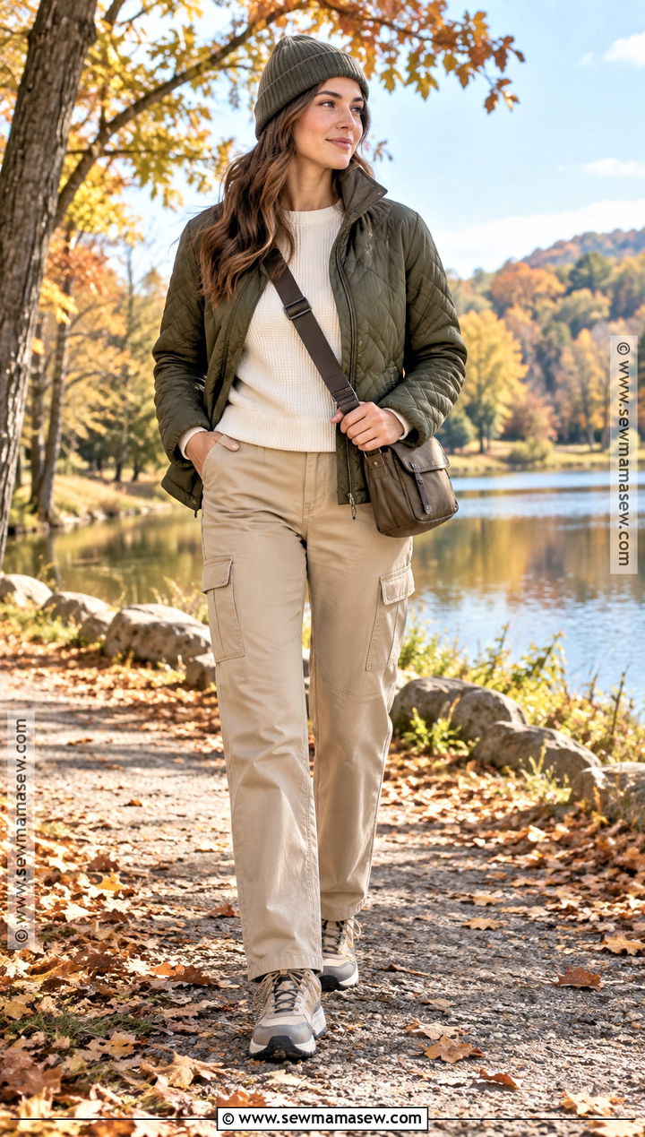 Beige Pants With Quilted Jacket And Hiking Sneakers - 20 beige pants outfit fall
