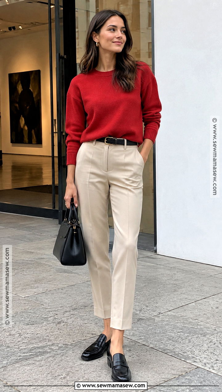 Beige Pants With Red Sweater And Black Loafers - 20 fall outfits beige pants