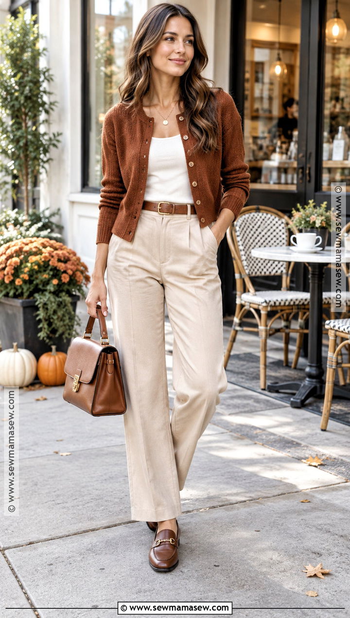 Beige Pants With Rust Cardigan And Leather Loafers - 20 beige pants outfit autumn