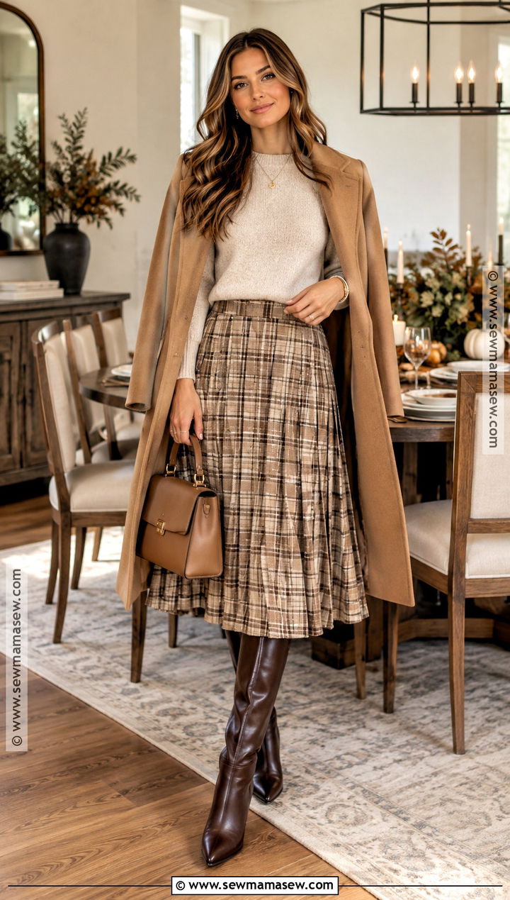Beige Plaid Skirt And Sweater Thanksgiving Outfit - 15 beige thanksgiving outfit ideas