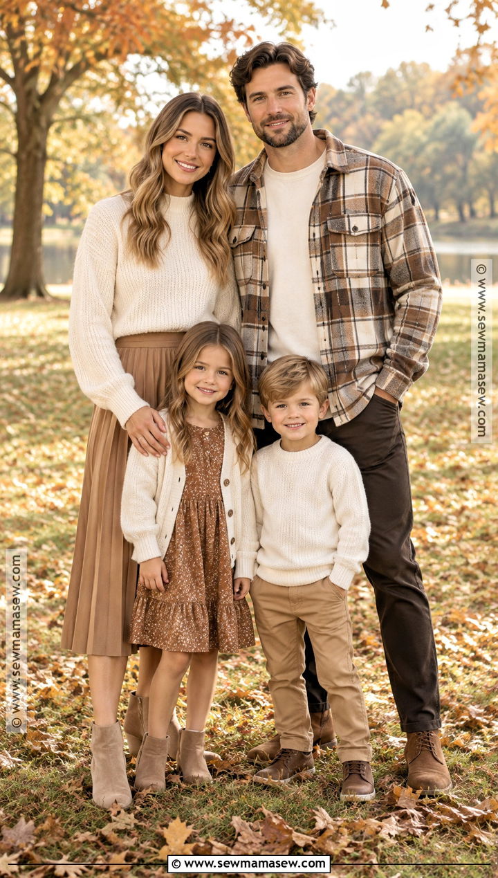 Beige Plaid and Solid Neutral Fall Family Photo Outfits - 20 Neutral Fall Family Photo Outfits