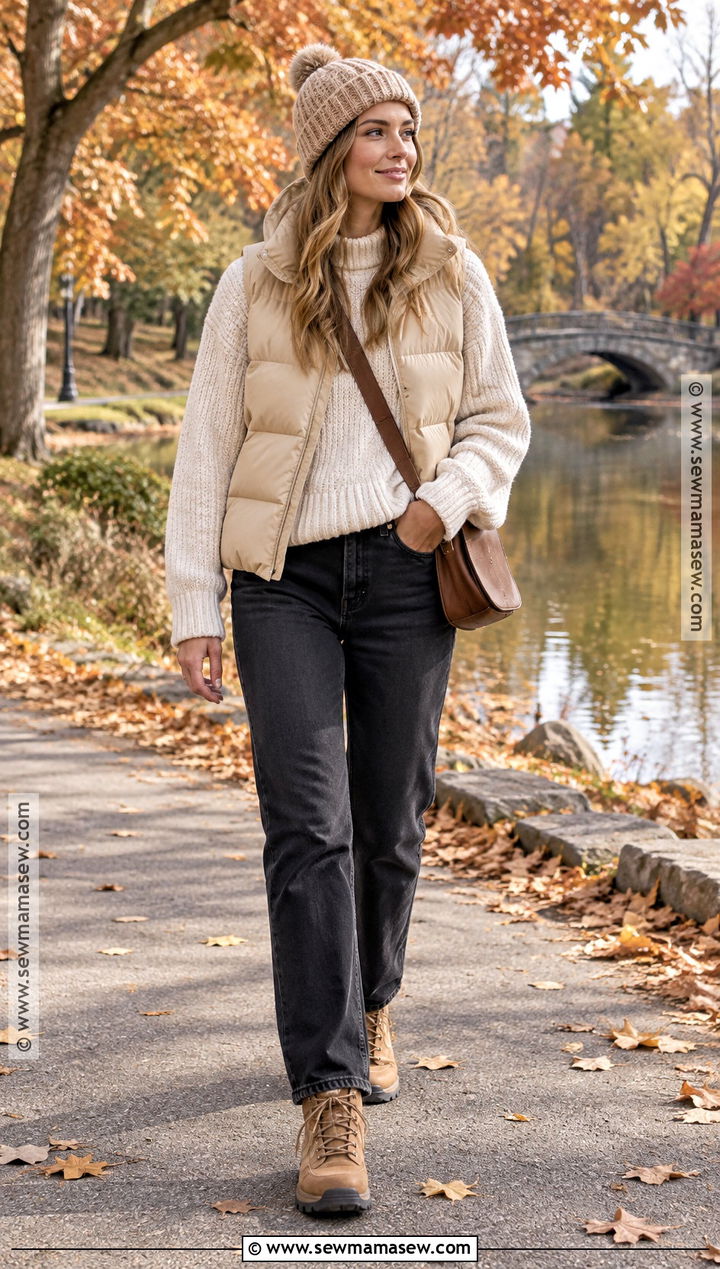 Beige Puffer Vest With Straight Jeans - 20 beige fall outfit ideas