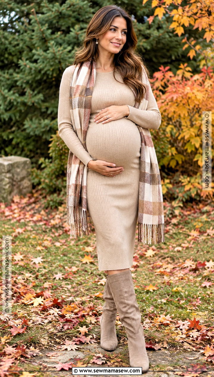 Beige Ribbed Dress And Plaid Scarf Maternity Photo Outfit - 15 maternity photo fall outfits