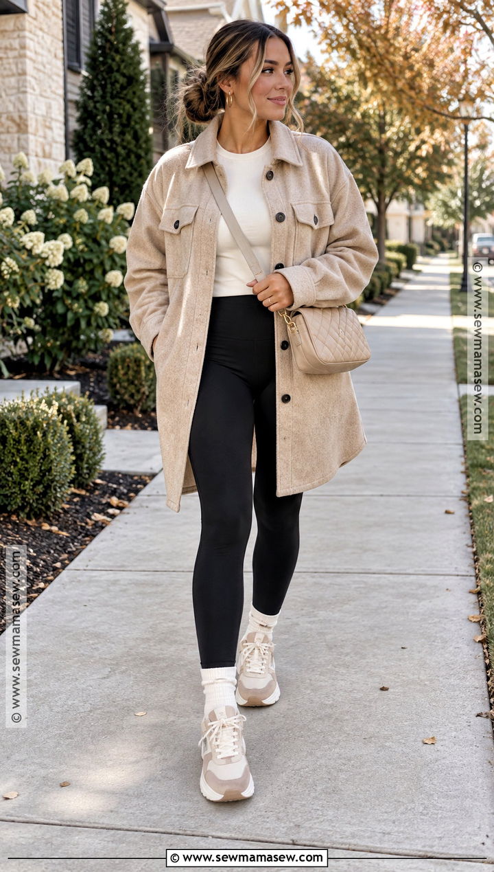 Beige Shacket With Leggings - 20 beige fall outfit ideas