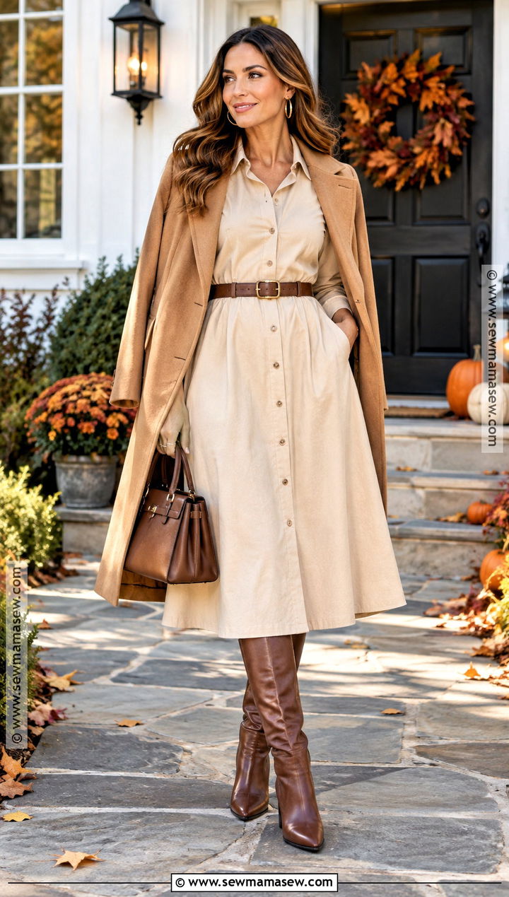 Beige Shirt Dress And Knee High Boots Thanksgiving Outfit - 15 beige thanksgiving outfit ideas