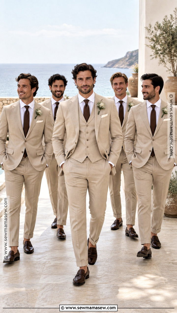 Beige Suits With Chocolate Brown Accessories - 15 september wedding groomsmen groom attire ideas