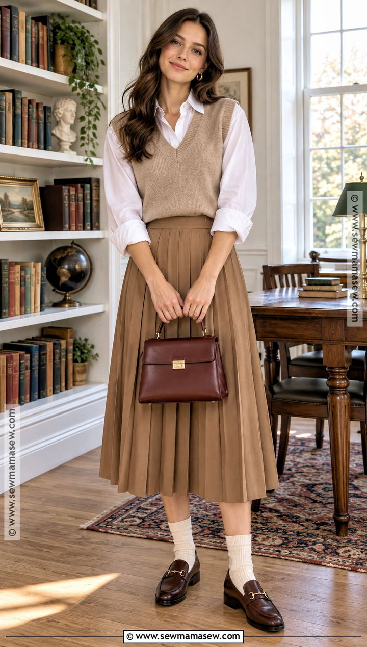 Beige Sweater Vest With Pleated Skirt - 15 autumn beige outfit style ideas