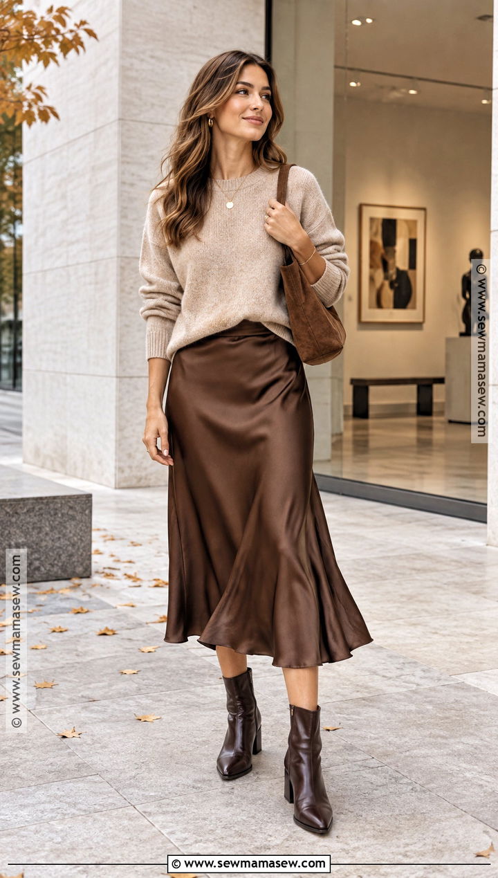 Beige Sweater With Brown Satin Skirt - 15 brown and beige autumn style ideas