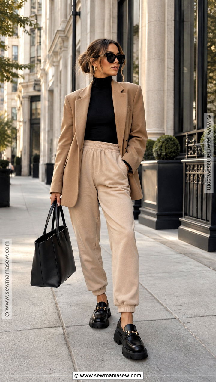 Beige Sweatpants Outfit With Oversized Blazer - 15 fall sweatpants outfits baddie