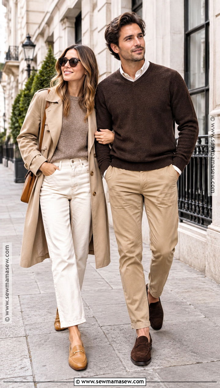 Beige Trench Coat And White Jeans Fall Couples Photoshoot Outfit - 20 Fall Couples Photoshoot Outfits Neutral
