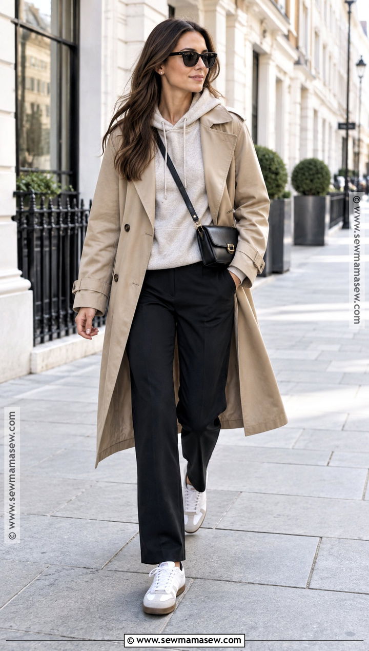 Beige Trench Coat With Hoodie And Sneakers - 15 autumn beige outfit style ideas