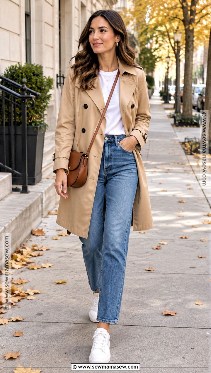 Beige Trench Coat With Straight Leg Jeans - 15 casual fall trench coat ideas