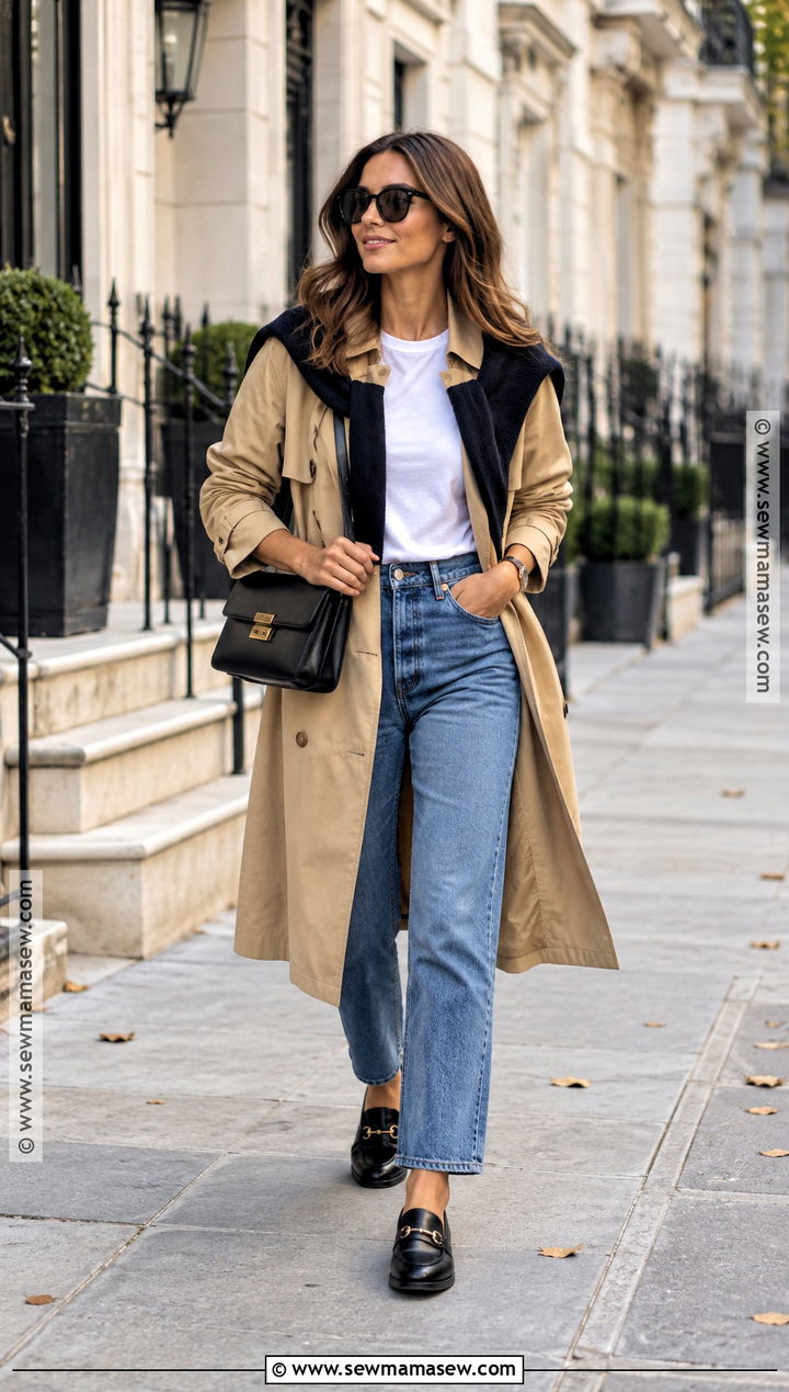Beige Trench Coat With Straight Leg Jeans - 20 trench coat fall ideas