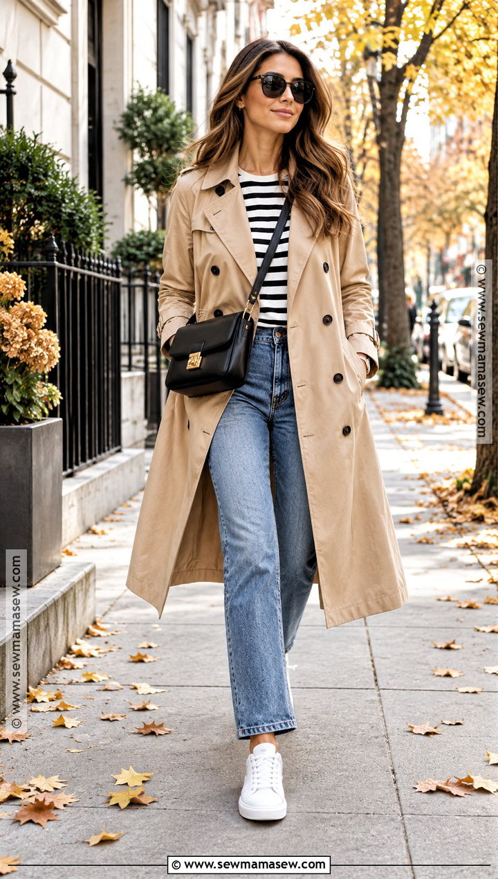 Beige Trench Coat With Striped Shirt And Jeans - 15 fall trenchcoat outfit ideas