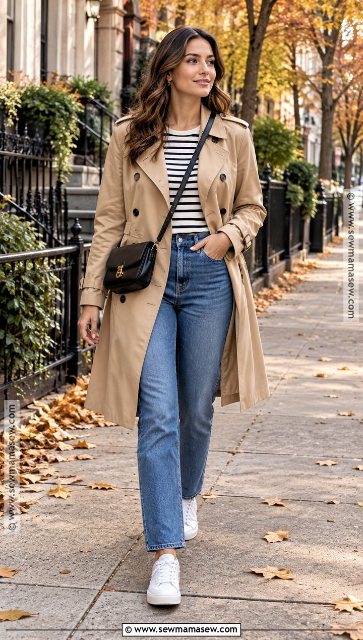 Beige Trench Coat With Striped Tee And Jeans - 15 autumn trench coat ideas for women