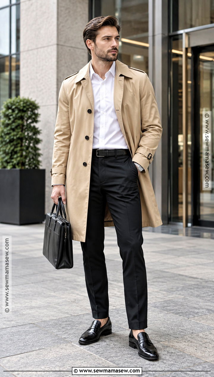 Beige Trench Coat With White Shirt And Black Trousers - 15 men's autumn trench coat ideas