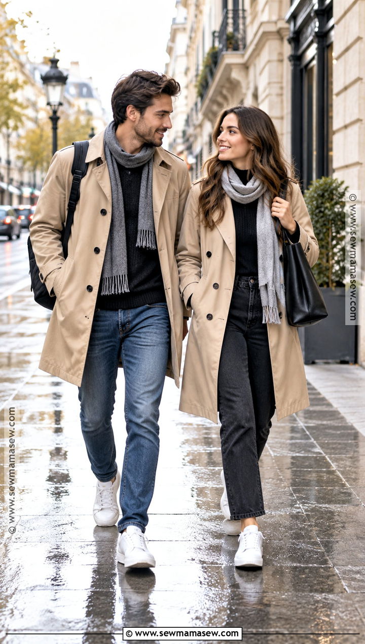 Beige Trench Coat and White Sneaker Couple Outfit - 25 matching fall outfits for couples