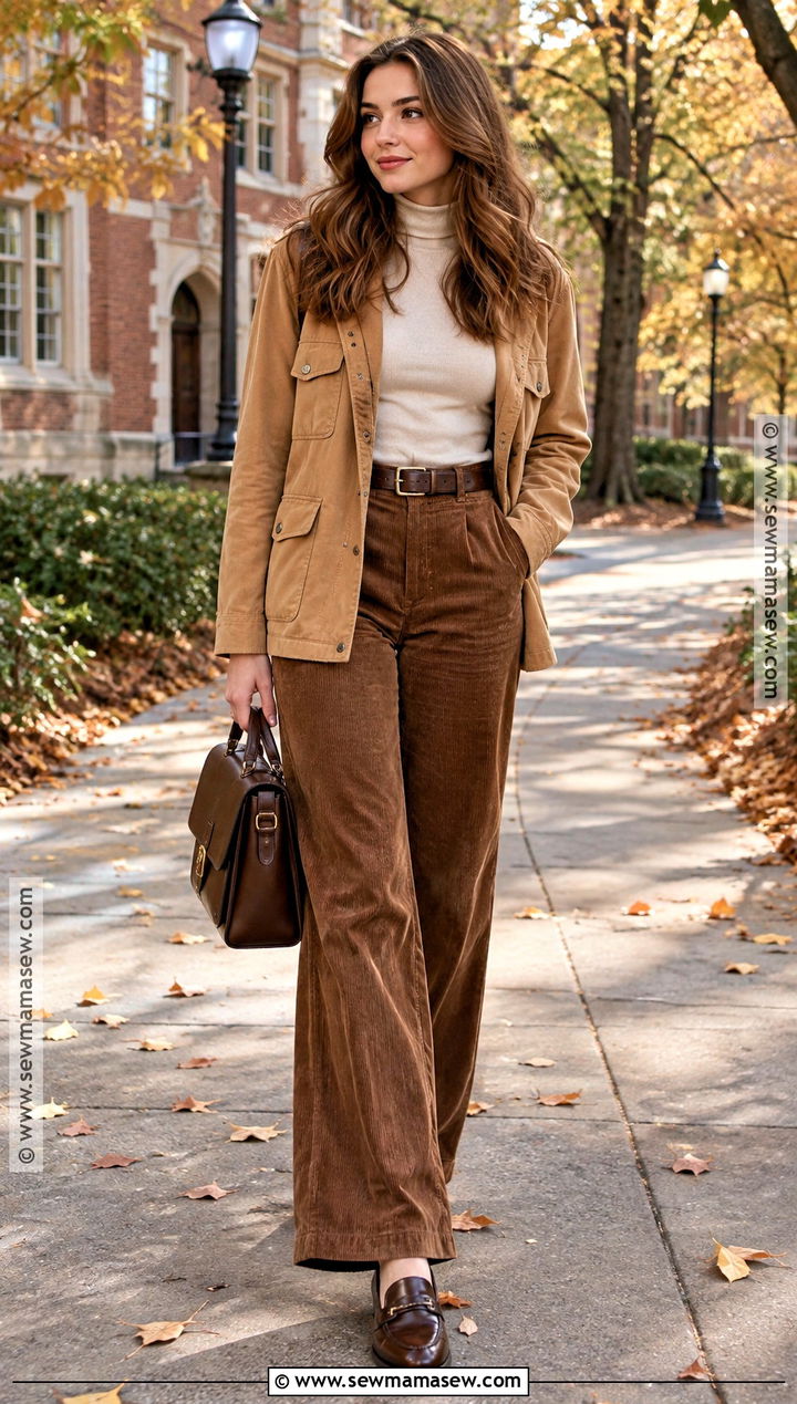 Beige Turtleneck With Brown Corduroy Pants - 15 brown and beige fall style ideas