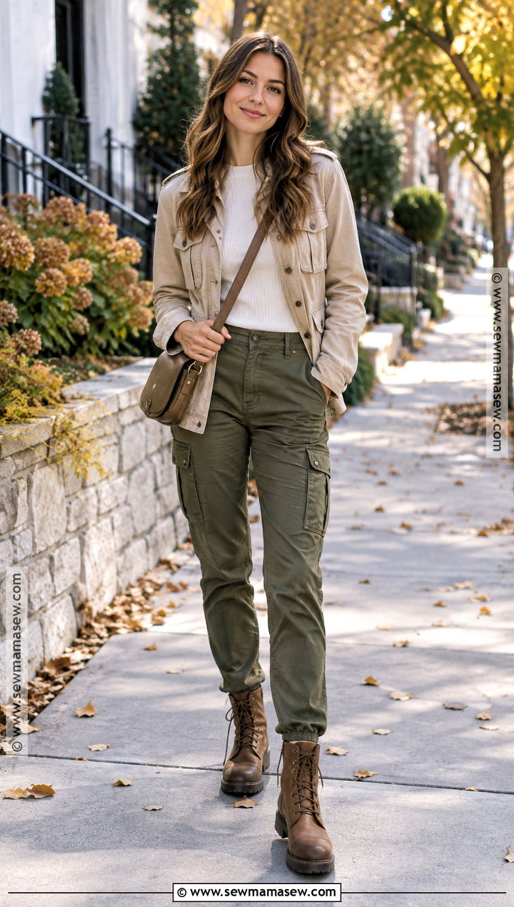 Beige Utility Jacket With Cargo Pants - 20 beige fall outfit ideas