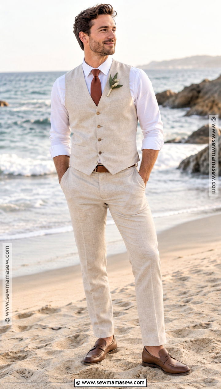 Beige Vest And Linen Trousers For A Beach Wedding - 15 fall beach wedding groom attire ideas