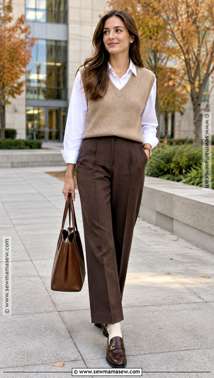 Beige Vest With White Shirt And Trousers - 20 beige fall outfit ideas