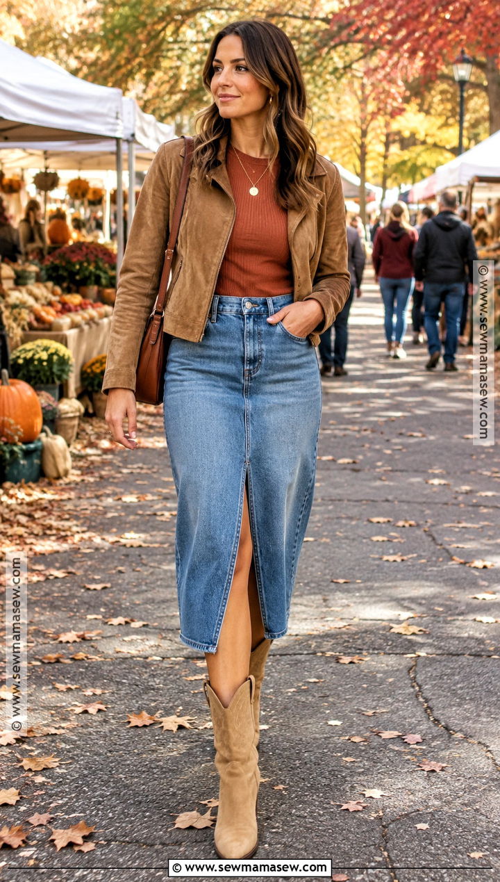 Beige Western Boots With Denim Midi Skirt - 15 beige boots outfit fall