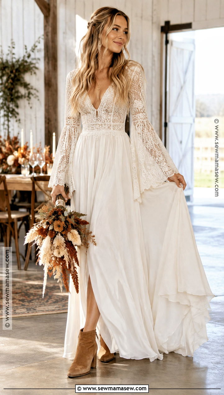 Bell Sleeve Boho Autumn Wedding Dress - 15 boho autumn wedding dress ideas
