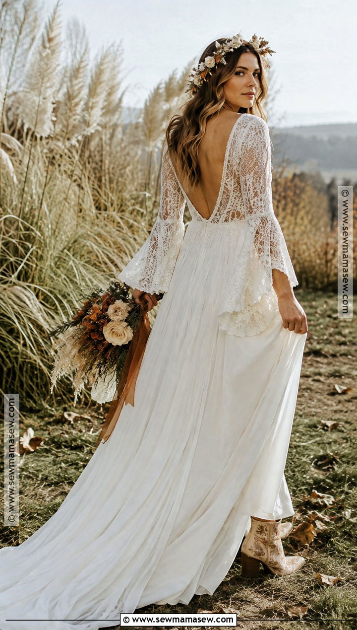 Bell Sleeve Boho Wedding Dress - 15 fall boho wedding dress ideas