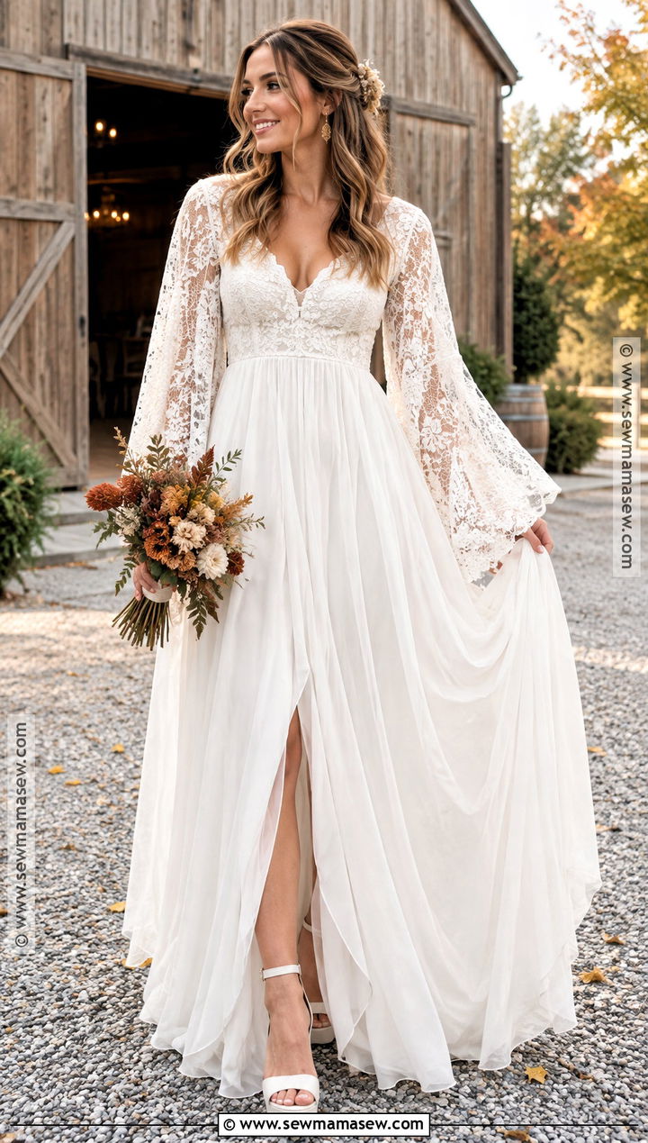 Bell Sleeve Boho Wedding Dress - 20 boho fall wedding dress ideas