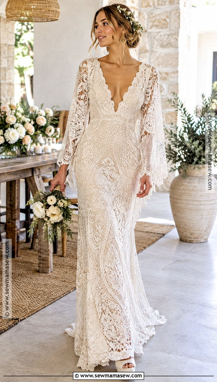 Bell Sleeve Boho Wedding Dress With Platform Sandals - 15 boho wedding dress fall ideas