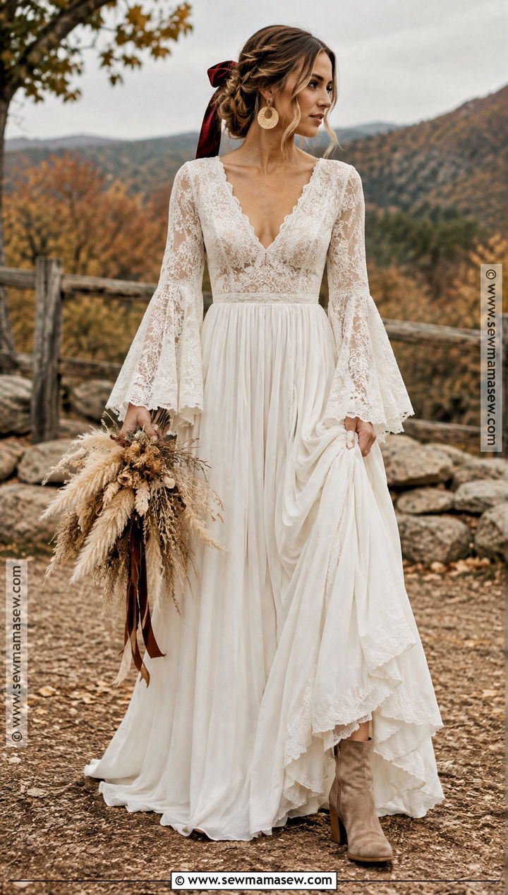 Bell Sleeve Boho Wedding Dress - 15 autumn boho wedding dress ideas