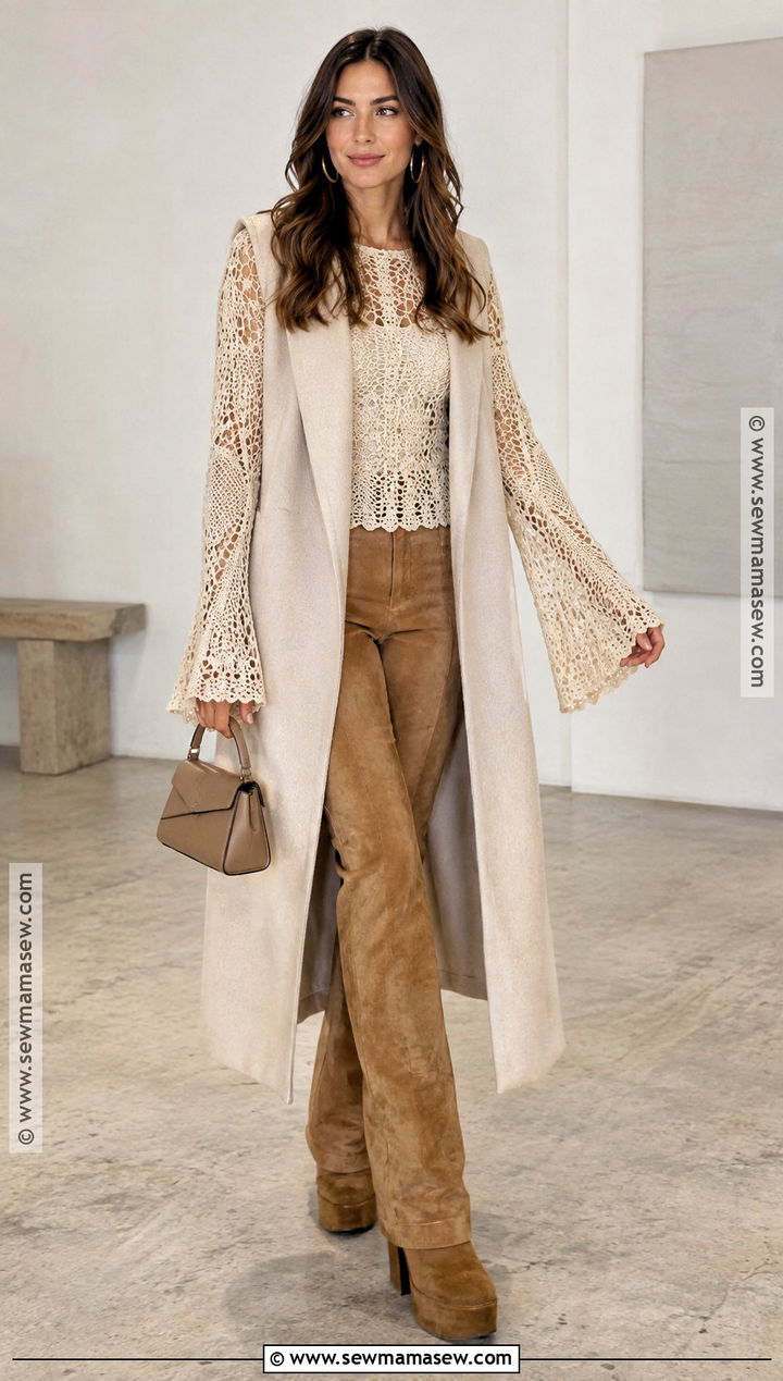 Bell Sleeve Crochet Fall Top With Suede Pants - 20 crochet fall top ideas